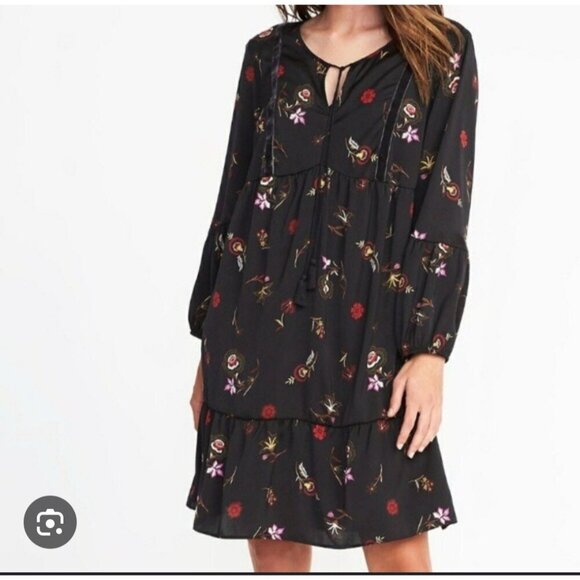 Old Navy Floral Dress Women XXL Black Bohemian Prairie Peasant Cottagecore - Picture 2 of 10